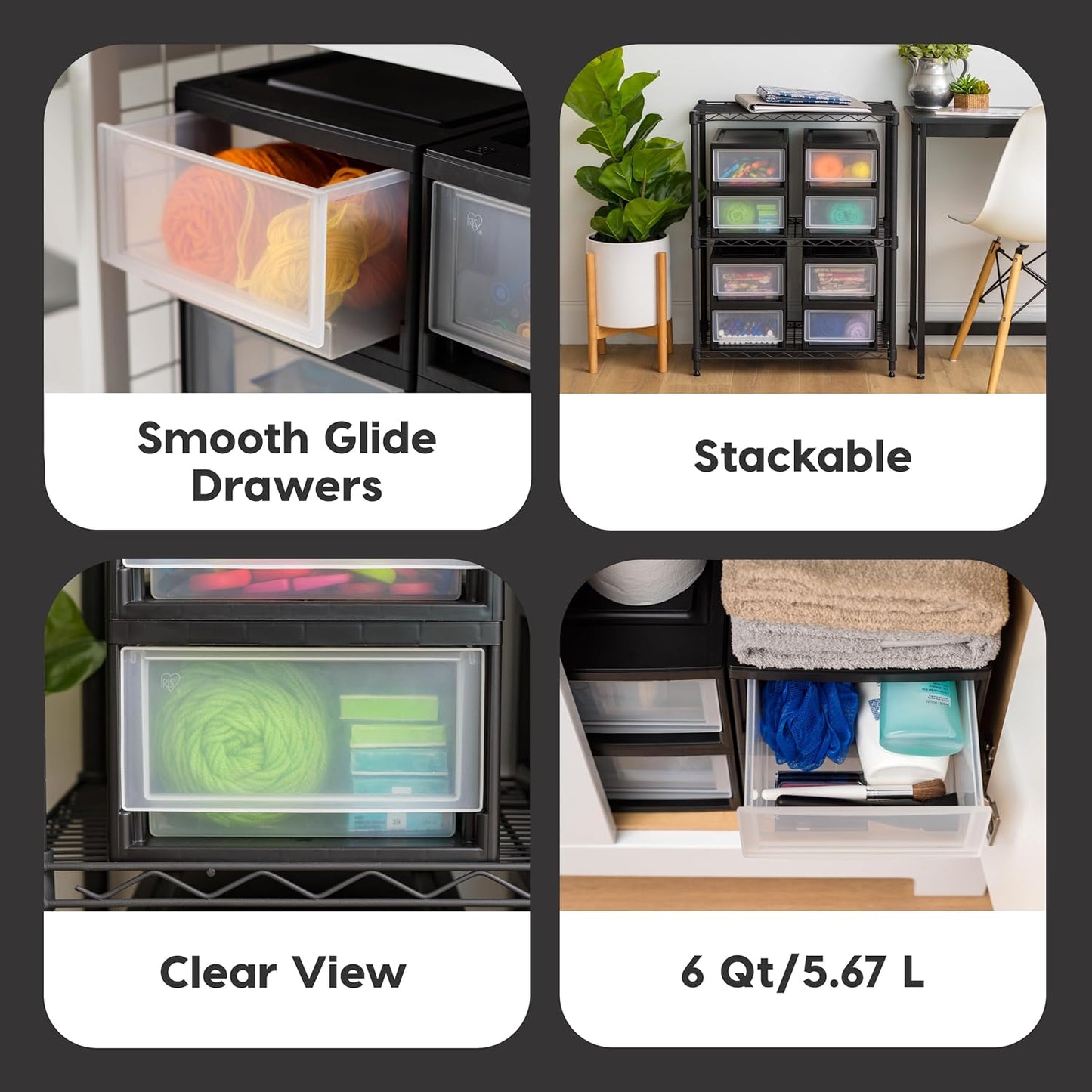 IRIS USA 6 Qt. Small Plastic Stacking Drawer, Stackable Storage Organizer Unit with Sliding Drawer for Bedroom Kitchen Under Sink Pantry Craft Room Dorm Office, Black, 4-Pack