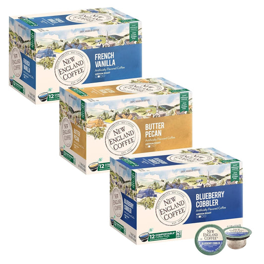 New England Coffee Variety Pack Single Serve Pods - Blueberry Cobbler/French Vanilla/Butter Pecan, 12ct Box (Pack of 3)