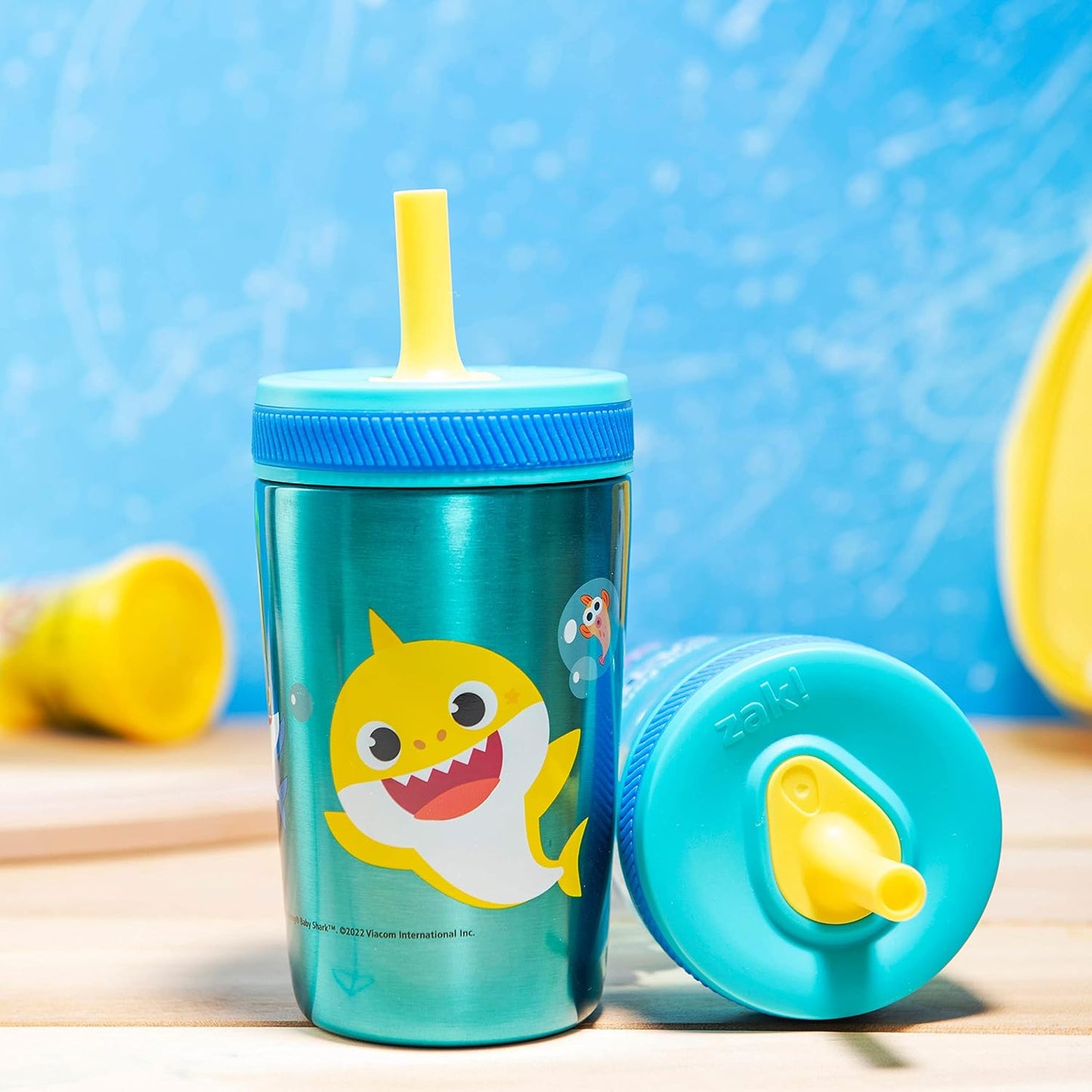 Zak Designs Baby Shark Kelso Tumbler Set, Leak-Proof Screw-On Lid with Straw, Bundle for Kids Includes Plastic and Stainless Steel Cups with Bonus Sipper (3pc Set, Non-BPA)