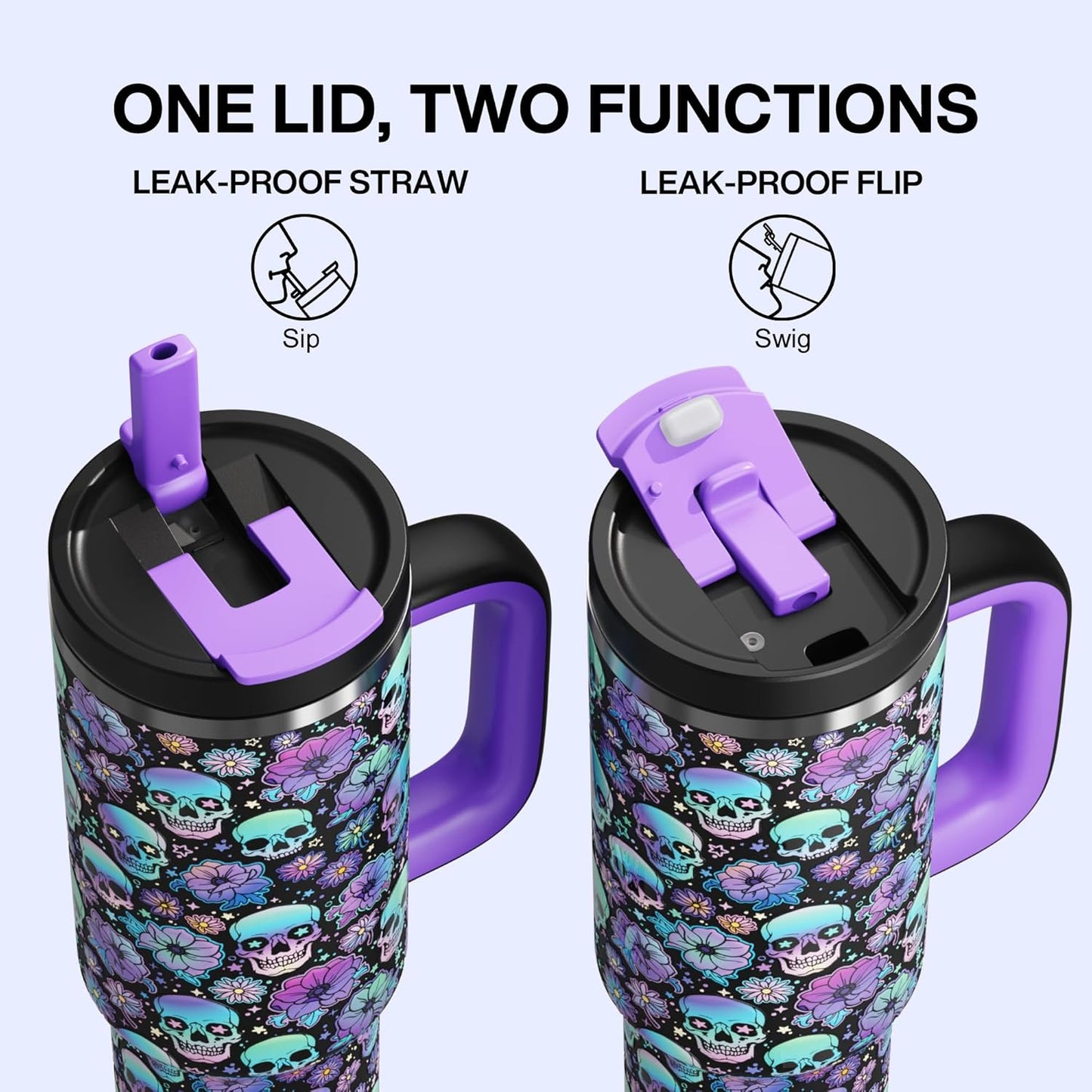 ENCOOL 40oz Halloween Tumbler with Handle and Straw, Stainless Steel Insulated Water Bottle with Straw, Leak-Proof, Cup Holder Friendly, Keeps Cold 24 H, Gifts for Women Men, Floral Afterlife