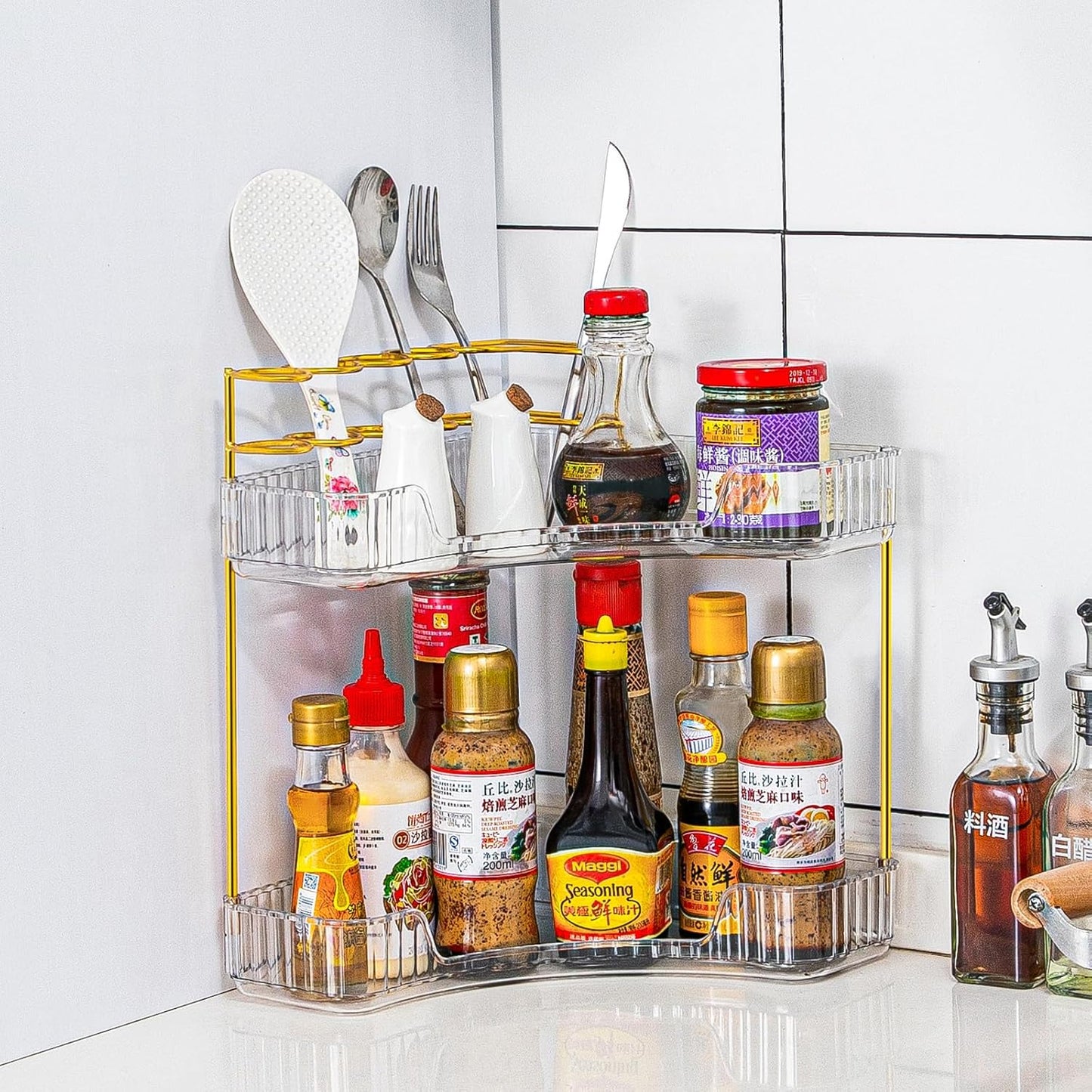 Upgraded 2-Tier Corner Bathroom Countertop Organizer – Spacious Storage for Makeup, Skincare & Perfumes, Built-in Brush Holder Fits Vanity/Dresser/Bsthtub (Classic White)