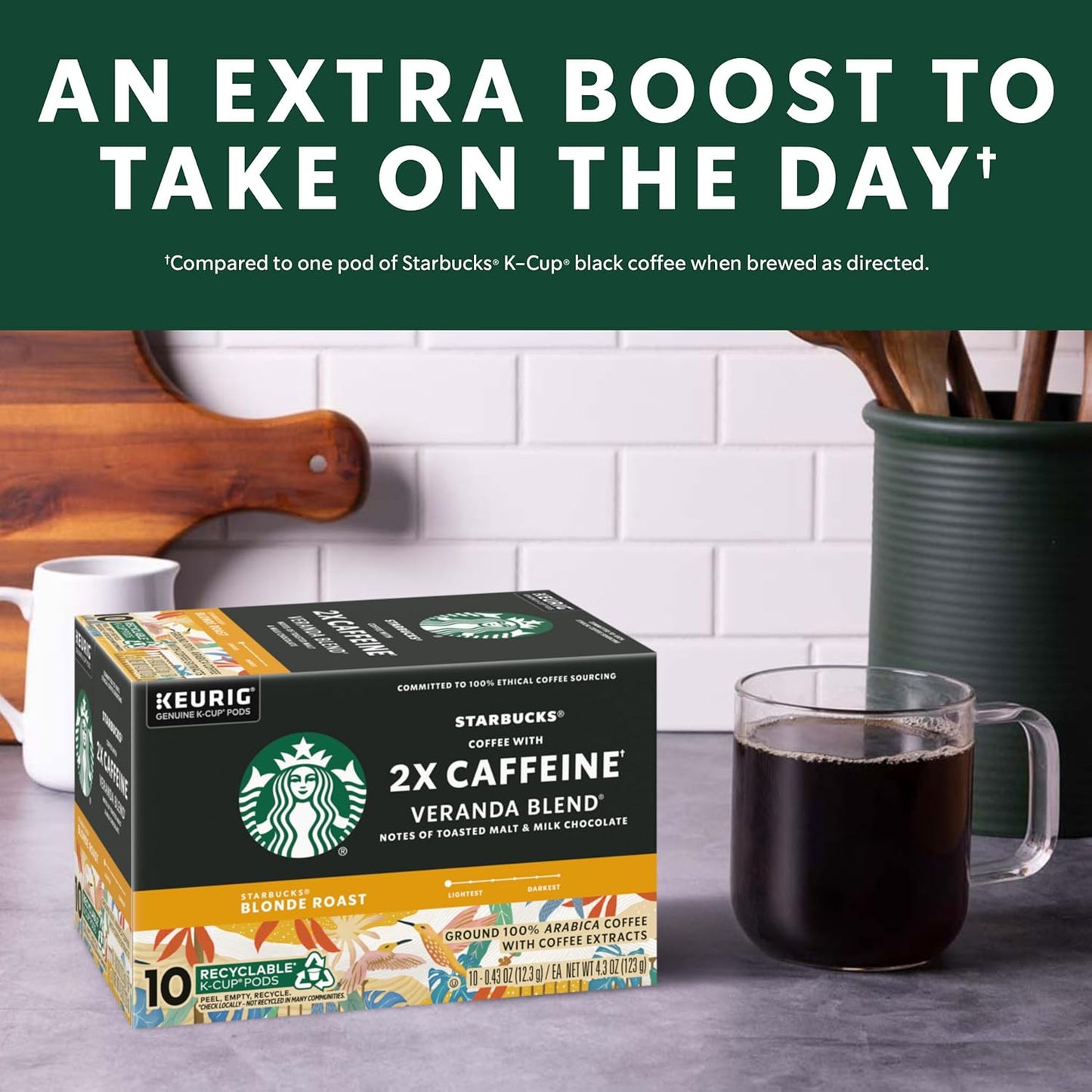 Starbucks K-Cup Coffee Pods, Starbucks Blonde Roast Coffee With 2X Caffeine Veranda Blend For Keurig Brewers, 100% Arabica, 6 Boxes (60 Pods Total)
