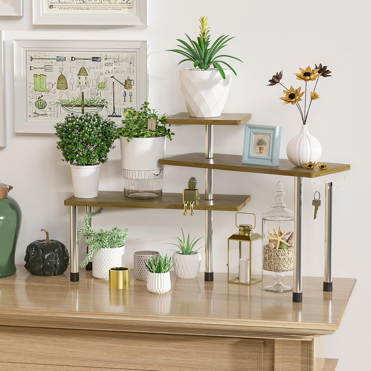 ZHWS Kitchen Corner Shelf Countertop Organizer - 3 Tier Bamboo & Metal Kitchen Organization Plant Stand Living Room Office, Spice Rack On Counter Shelves, Antique