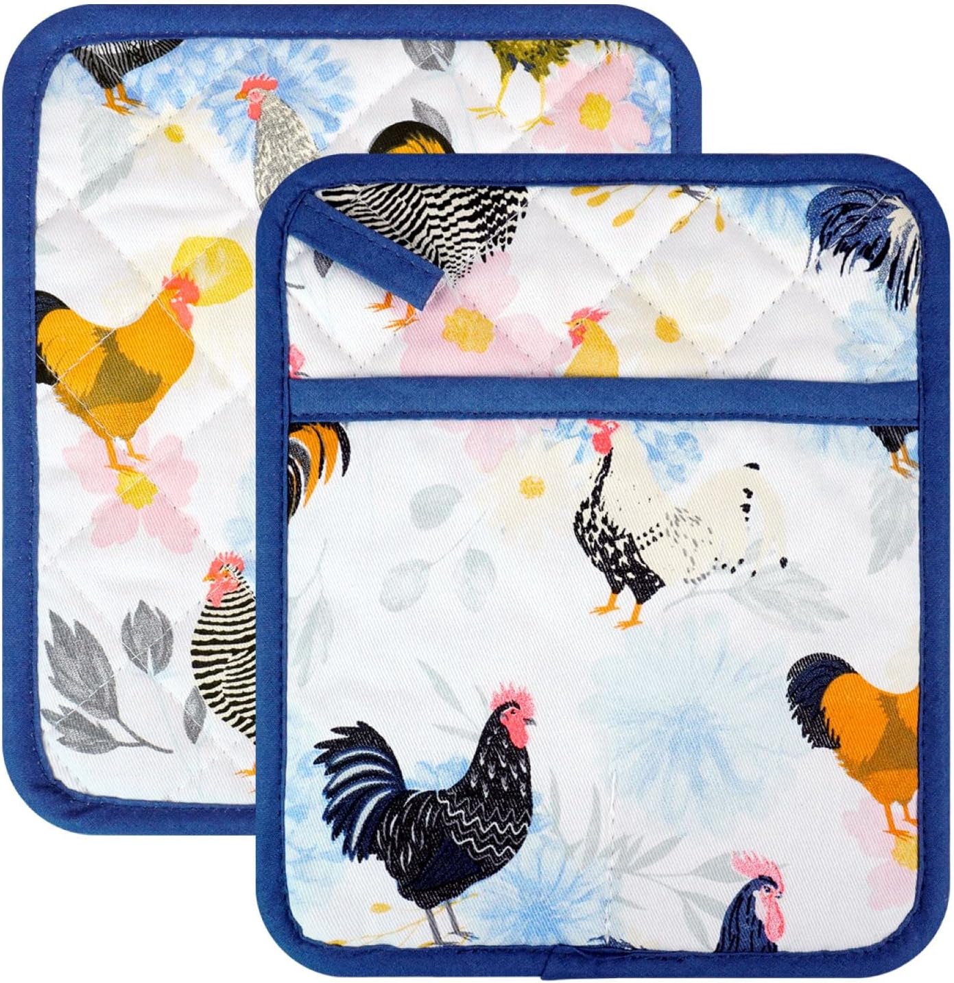 Pot Holders Set of 2 Heat Resistant 480℉ Kitchen 100% Cotton Comfortable Lining Printing Fox Flower Women Men Home Cooking Baking Microwave BBQ Gift (Rooster potholder)