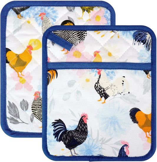Pot Holders Set of 2 Heat Resistant 480℉ Kitchen 100% Cotton Comfortable Lining Printing Fox Flower Women Men Home Cooking Baking Microwave BBQ Gift (Rooster potholder)