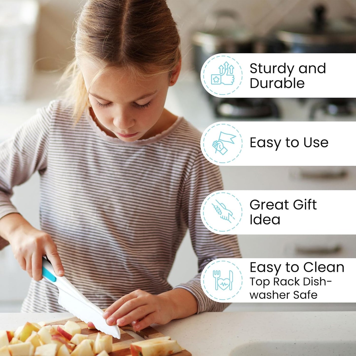 Zulay 3-Piece Kids Knife Set for Real Cooking & Baking - Toddler Knives for Cutting Fruits, Veggies, & Cake - Children’s Montessori Knife with Serrated Edges - Safe & Fun Lettuce Knife (Blue)