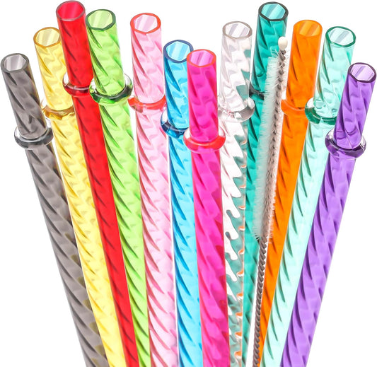 Dakoufish 8 Inch Reusable Clear Plastic Swirl Drinking Straws for 12 oz & 16 oz Mason Jar Tumblers,Set of 12 Pcs Replacement Straws with Cleaning Brush (8inch,12color)