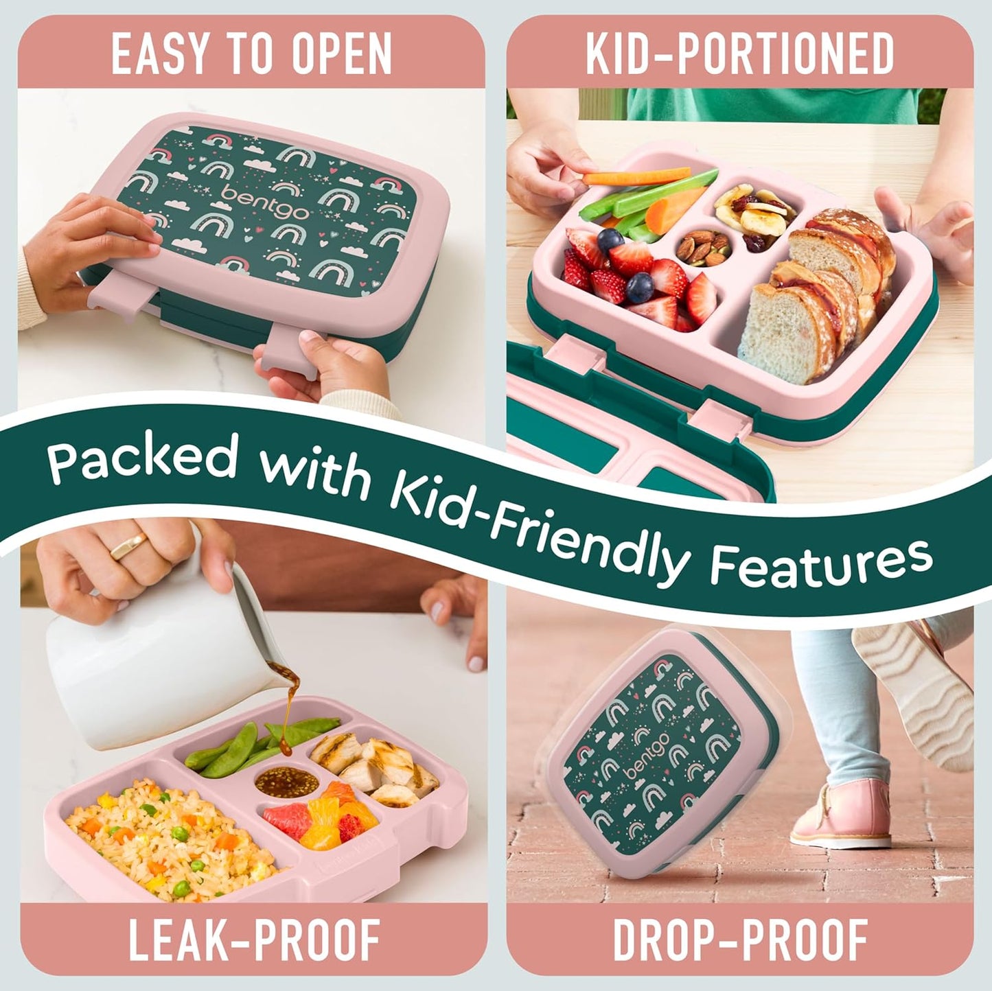 Bentgo Kids Prints Leak-Proof, 5-Compartment Bento-Style Kids Lunch Box - Ideal Portion Sizes for Ages 3-7, Durable, Drop-Proof, Dishwasher Safe, & PFAS & BPA-Free Materials (Green Rainbow)
