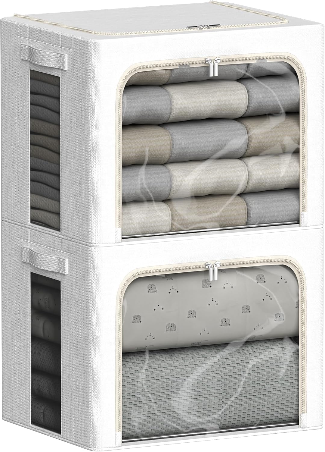 FHSQX 2 Pack Clear Window Storage Bins Large Stackable Linen Fabric Storage for Clothes Foldable Container Organizer Set with Carrying Handles (Lvory White, 19.7x 15.7x 12.6 Inch)