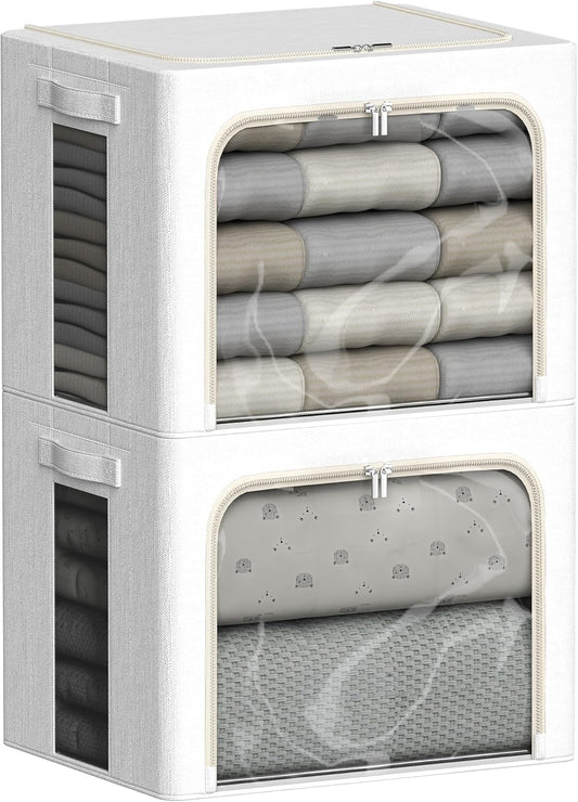 FHSQX 2 Pack Clear Window Storage Bins Large Stackable Linen Fabric Storage for Clothes Foldable Container Organizer Set with Carrying Handles (Lvory White, 19.7x 15.7x 12.6 Inch)