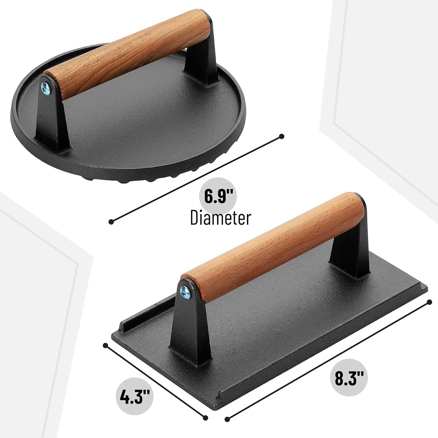 UNCO Cast Iron Grill Press: 6.9' Round & 8.3' x 4.3' Rectangular - Burger & Meat Press, Ideal for Griddles
