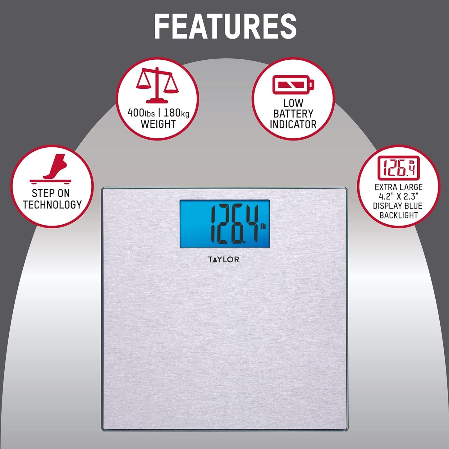 Taylor Digital Scales for Body Weight, Highly Accurate 400 LB Capacity, Unique Blue LCD, Auto on and Off Scale, 11.8 x 11.8Inches, Stainless Steel