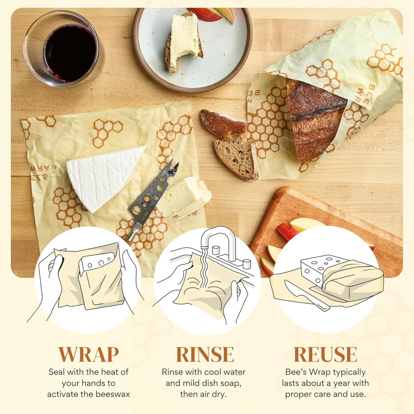 Bee's Wrap Beeswax Wraps for Food - Made in USA Reusable & Organic Food Wraps & Bowl Covers - Eco-Friendly Alternative to Aluminum Foil & Plastic Wrap, Honeycomb 5 Pack (2L, 3M)