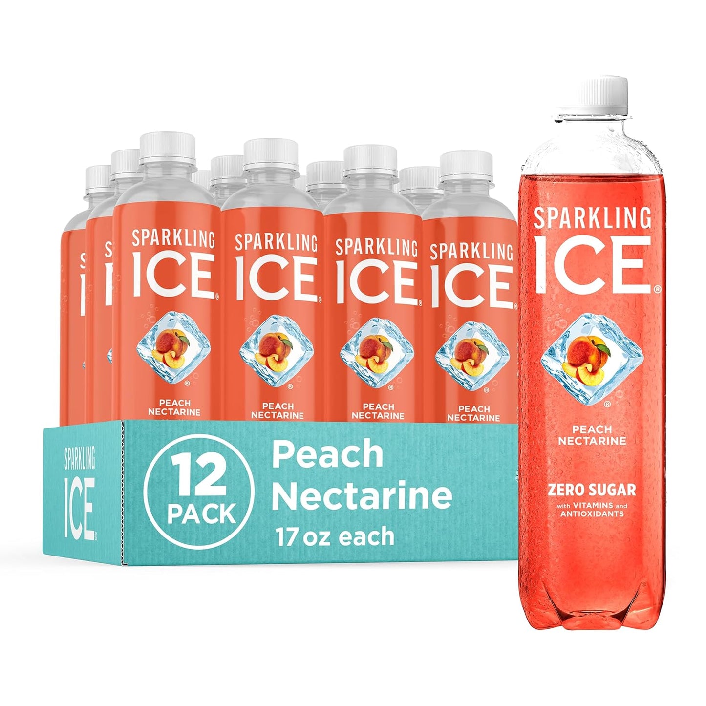 Sparkling Ice, Peach Nectarine Sparkling Water, Zero Sugar Flavored Water, with Vitamins and Antioxidants, Low Calorie Beverage, 17 fl oz Bottles (Pack of 12)