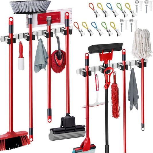 2 Pack Mop and Broom Holder Wall Mount – Self-Adhesive Stainless Steel broom hanger organizer – 4 Clamps, 3 Hooks – Holds Up to 40 Lbs
