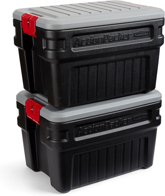 Rubbermaid ActionPacker️ 24 Gal Lockable Storage Box Pack of 2, Outdoor, Industrial, Rugged, Grey and Black