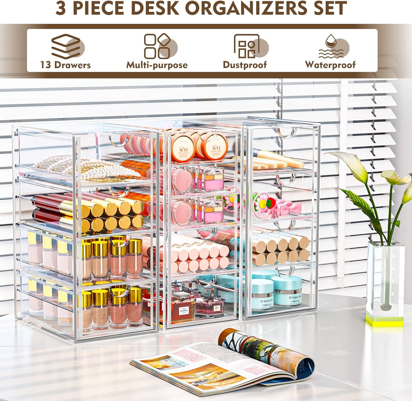 Acrylic Desk Organizers And Accessories With 13 Drawers, Office Desktop Drawers, Plastic Makeup Organizer Containers Bins With Drawers Desk Organization, Bathroom Organizers Storage Case Box Cube