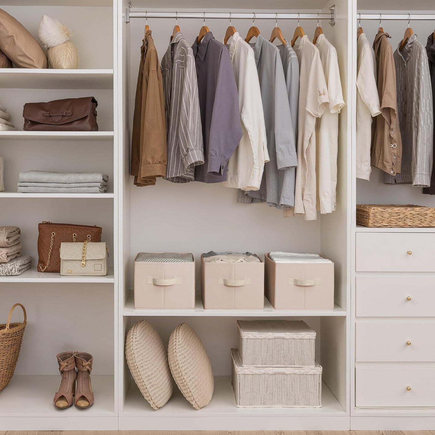 StorageWorks Storage Baskets for Shelves, Foldable Fabric Closet Storage Bins with Handles, Fabric Storage Bins Clothes Organizer, Light Brown, 3-Pack, Large