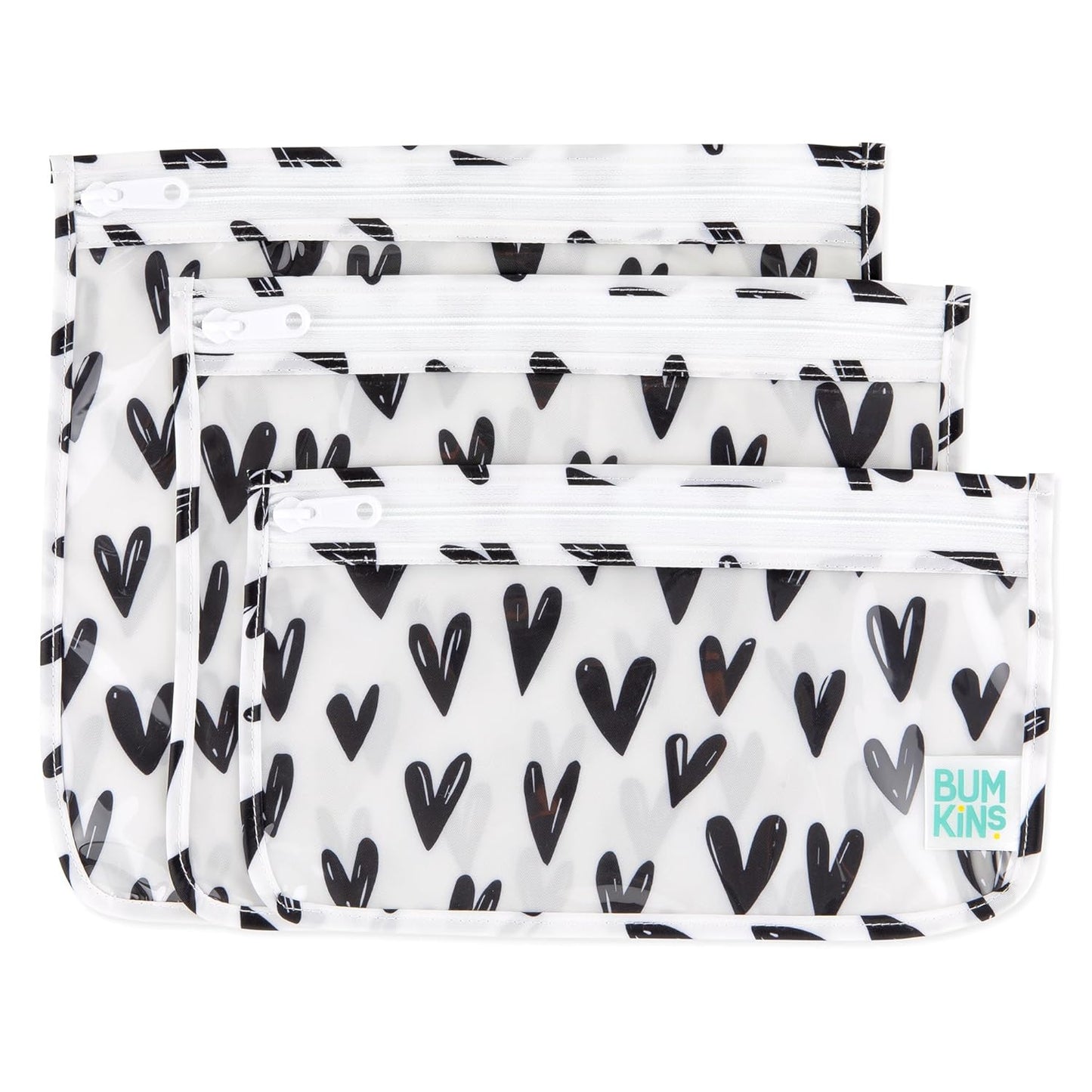 Bumkins Travel Bag, Toiletry, TSA Approved Pouch, Zip Bag, Quart Size Airline Compliant, Clear-Sided, Baby, Diaper Bag Organization, Makeup, Accessories, Packing, Set of 3 Sizes, Black Hearts