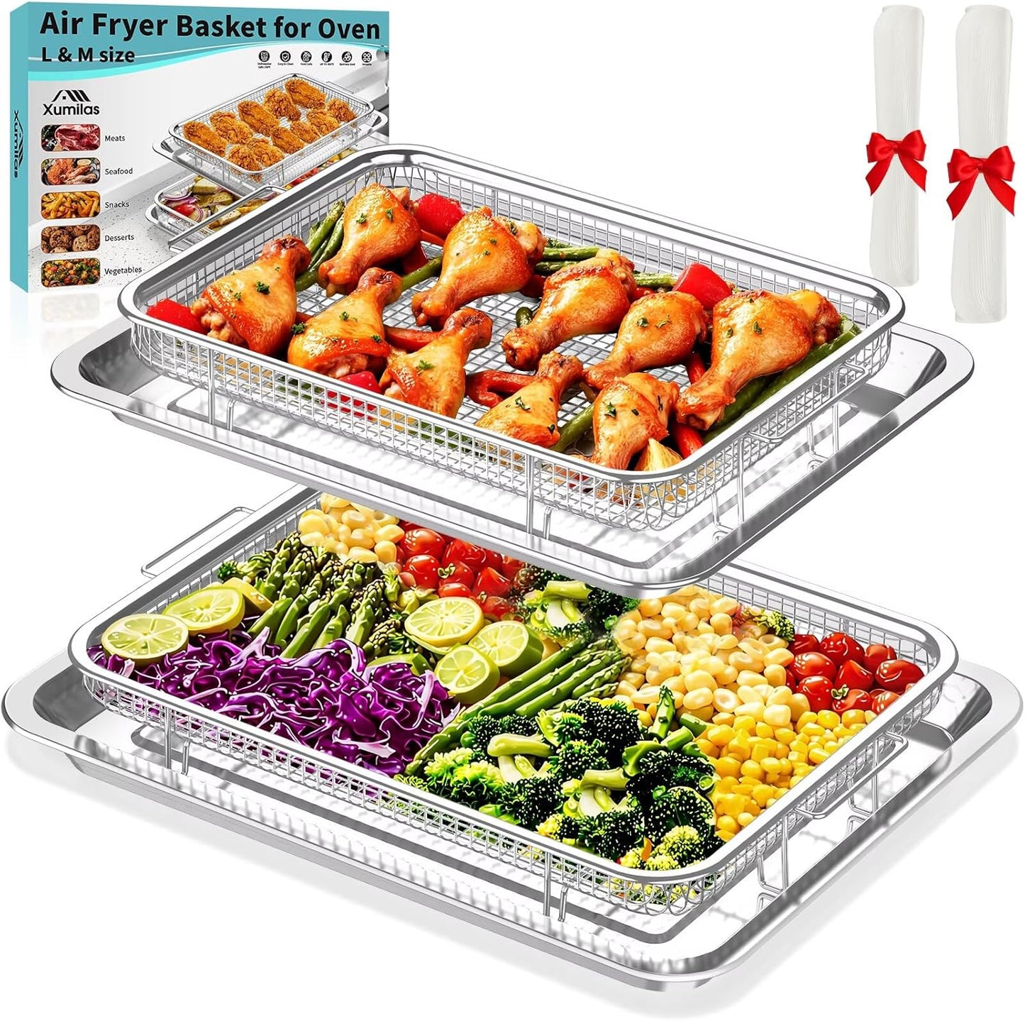 Air Fryer Basket for Oven, 2 Set Stainless Steel Pan & Crisper Tray (15"x11" &12.8"x9.7") with 60 Parchment Papers, Family-Size Non-Stick Oven Basket for Baking Chicken, Fries, Dishwasher Safe