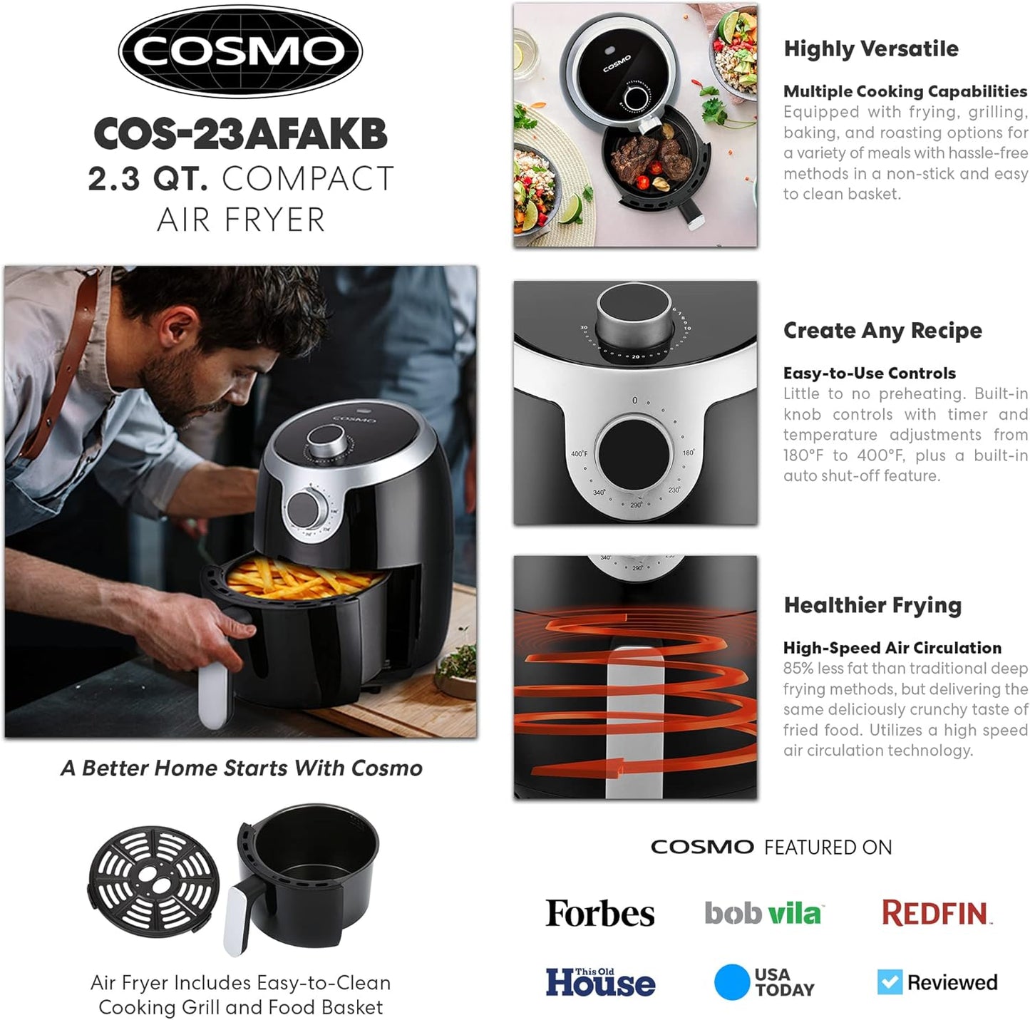 COSMO COS-23AFAKB 2.3 Quart Electric Small Air Fryer with Temperature Control, Timer, Auto Shut-Off, Non-Stick Frying Tray, 1000W Compact Mini Air Fryer (2.3 Quarts, Stainless Steel/Black)
