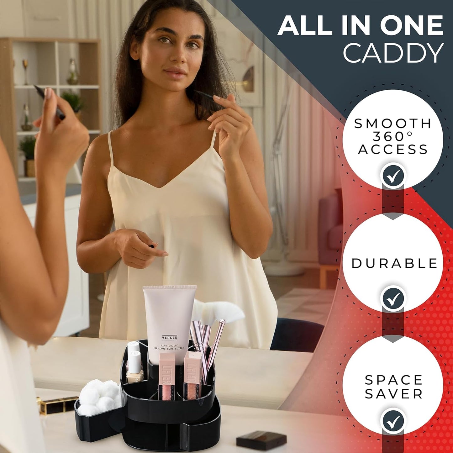 Masirs Small Rotating Makeup Organizer - Mini Yet Spacious Cosmetic Storage Solution with Multiple Compartments - The Perfect Spinning Make-Up Caddy for Vanity or Bathroom Counter (Square - Black)