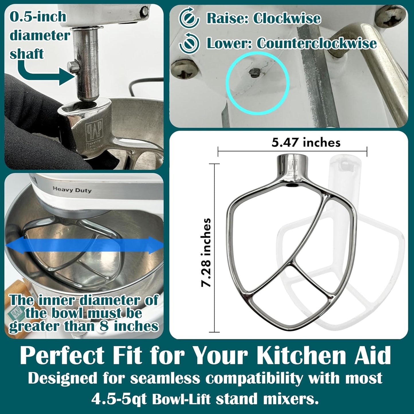 Stainless Steel Flat Beater - Compatible with KitchenAid 4.5-5qt Bowl-Lift Mixer, Fits Heavy Duty, Professiona HD, Pro 450, Pro 500, Limited Edition, ProLine Series, K5A, K4SS, K5SS, KSM5, KSM50