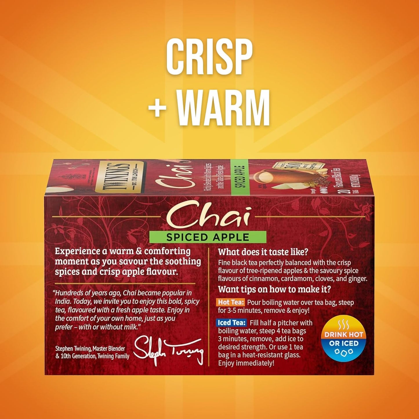 Twinings Spiced Apple Chai Black Tea Individually Wrapped Bags, 20 Count (Pack of 1), Sweet, Savoury Spices, Caffeinated, Enjoy Hot or Iced, 20 Teabags