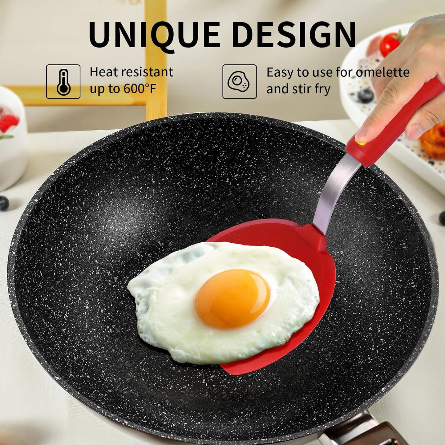 Silicone Spatula Turner Heat Resistant 600°F 3 Piece Set Non Scratch Flexible Slotted and Solid Thin Rubber Spatula Flipper for Cooking Pancake,Egg,Fish,Burger,Steak for Nonstick Cookware,Red