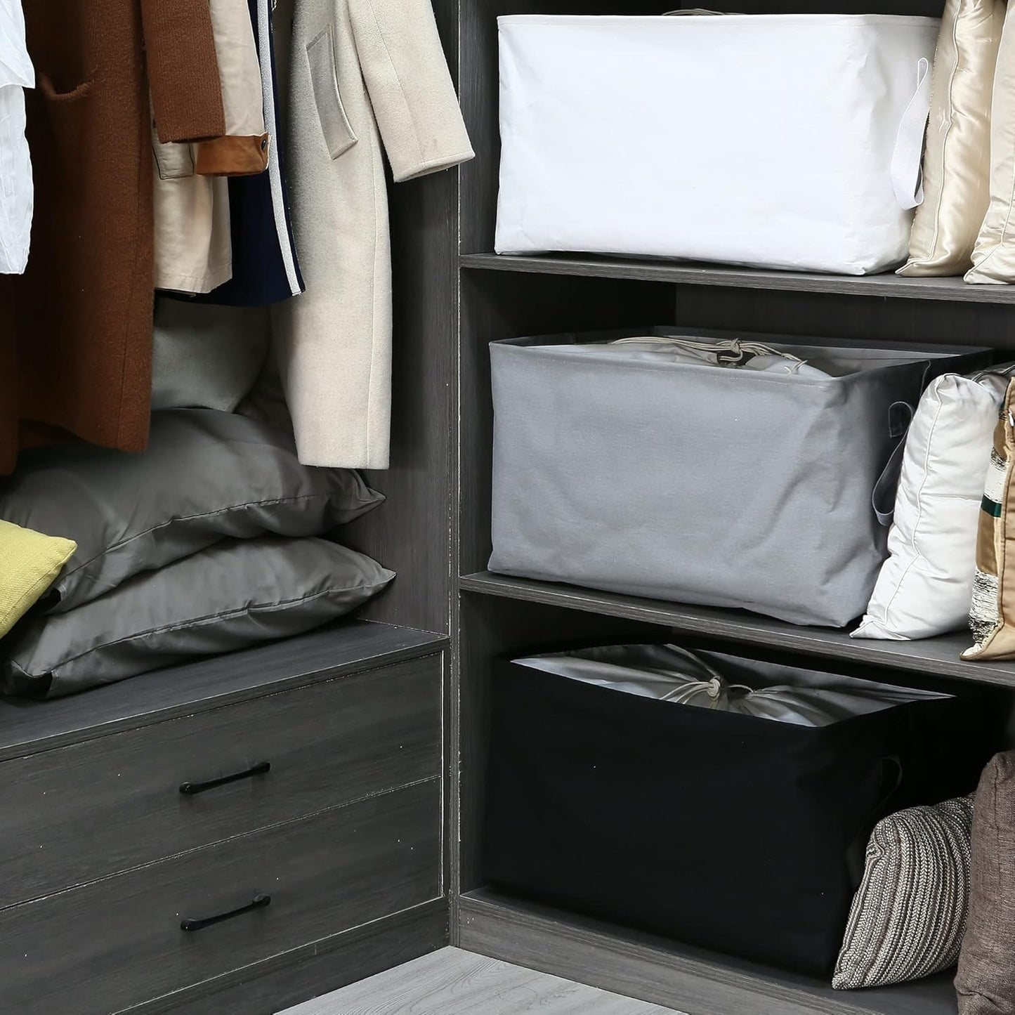 Hinwo 102L XXL Storage Bins, 4-Pack Closet Organizers and Storage, Foldable Clothes Storage Baskets with Handles, Containers for Clothing, Blanket, Comforters, Toys, Bedding (Black)