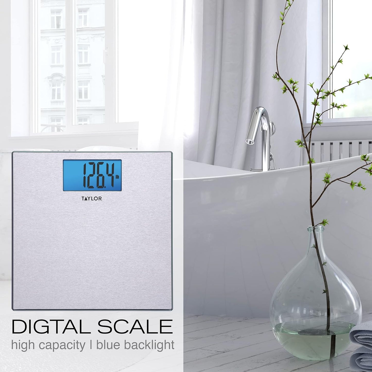 Taylor Digital Scales for Body Weight, Highly Accurate 400 LB Capacity, Unique Blue LCD, Auto on and Off Scale, 11.8 x 11.8Inches, Stainless Steel