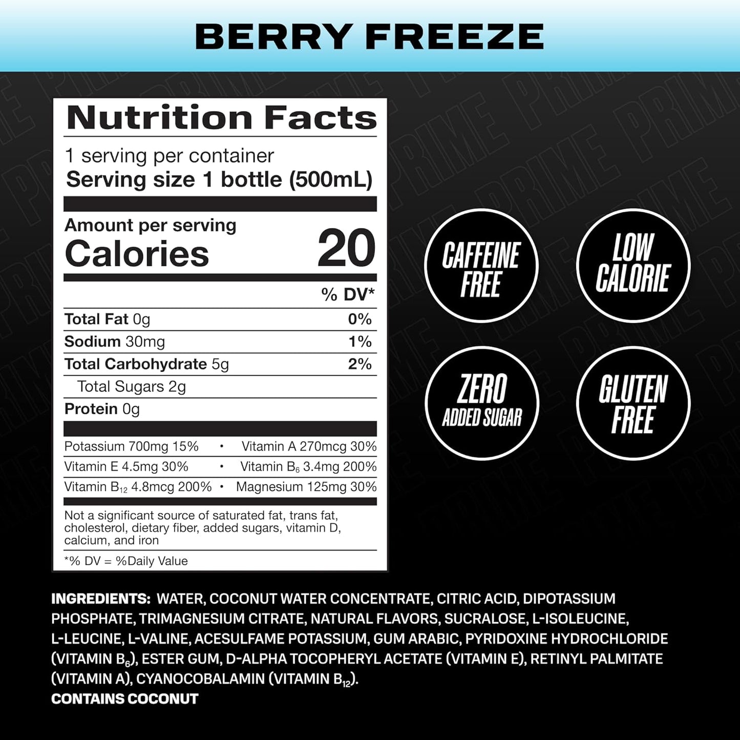 PRIME Hydration BERRY FREEZE, Sports Drinks, Electrolyte Enhanced for Ultimate Hydration, 250mg BCAAs, B Vitamins, Antioxidants, Low Sugar, 16.9 Fl Oz, 12 Pack