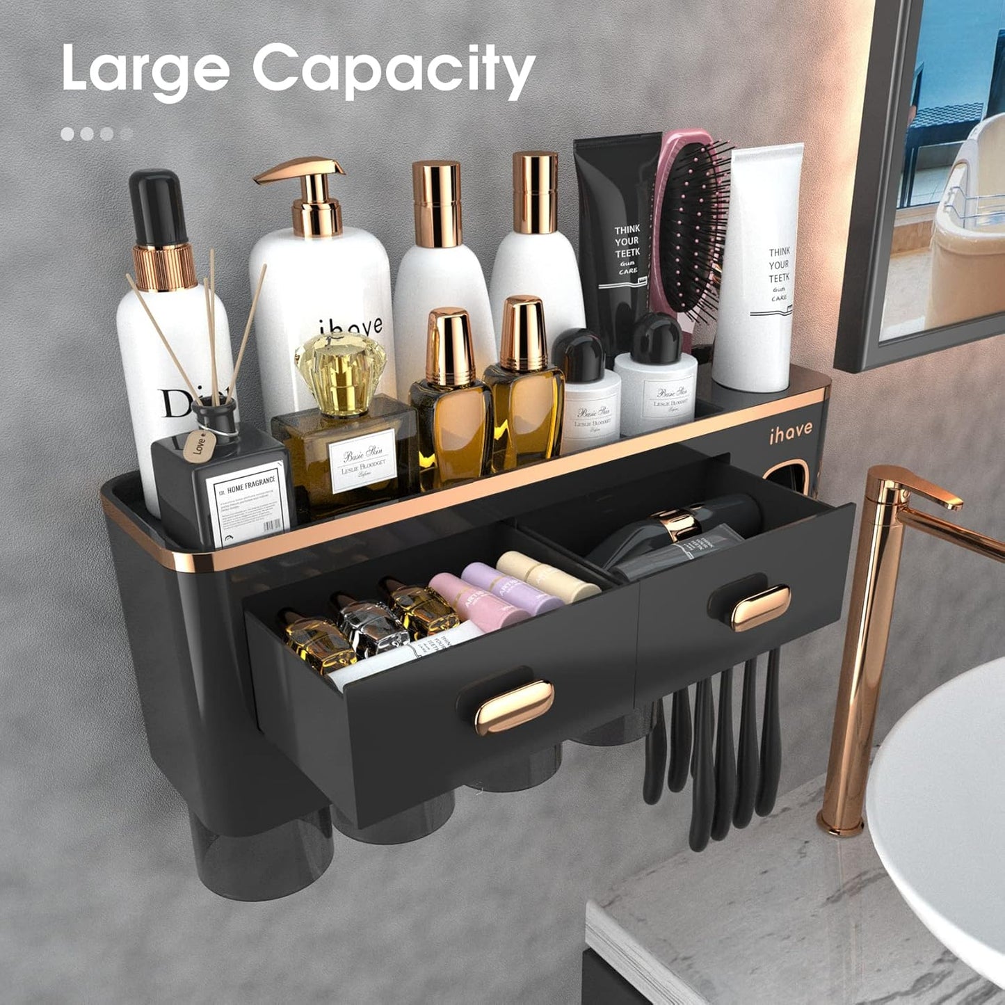 iHave Toothbrush Holders for Bathrooms - Upgrade Wall Mounted Toothbrush Holder with Toothpaste Dispenser - 4 Cups, Large Capacity Tray, 2 Cosmetic Drawer - Bathroom Organizers and Storage