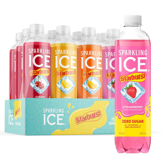 Sparkling Ice STARBURST Variety Pack, Zero Sugar Flavored Sparkling Water, with Vitamins and Antioxidants, Low Calorie Beverage, 17 fl oz, 12 count (Cherry, Strawberry, Lemon, Orange)