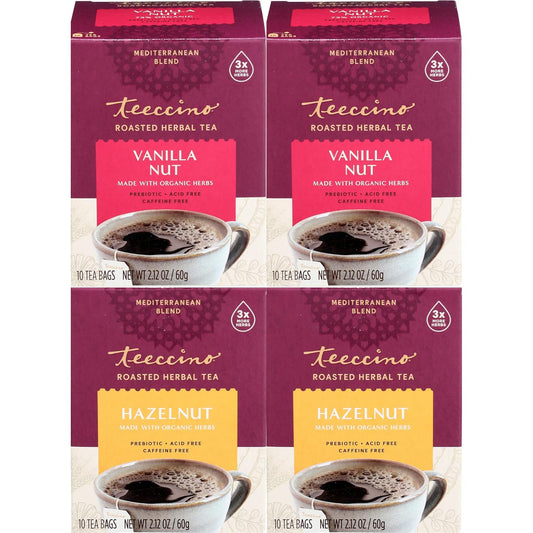 Teeccino Hazelnut & Vanilla Nut Herbal Tea Variety Pack - Roasted Herbal Tea That’s Caffeine Free & Prebiotic for Natural Energy, 10 Tea Bags (Pack of 4)