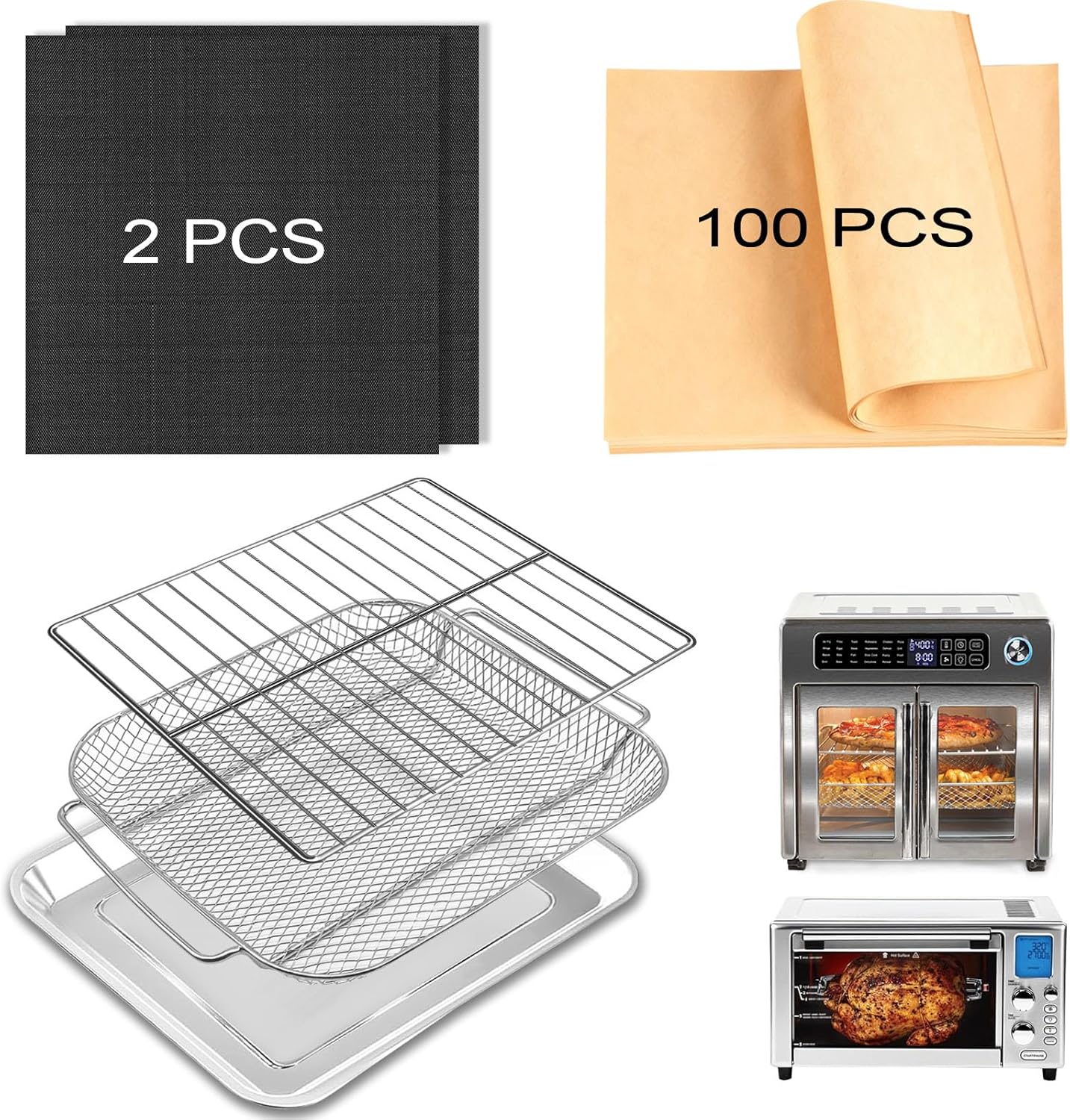 5-Pack Air Fryer Replacement Set for Emeril Lagasse 26QT, Includes Non-Stick Baking Pan, Basket, Air Fryer Rack, 2 Mats & 100 Parchment Papers, Stainless Steel Bakeware Set