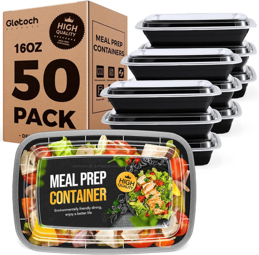 100-Piece (50-Pack) 16 OZ Meal Prep Containers Reusable with Lids, Sturdy Leakproof & Food Safe, Microwave, Freezer, Dishwasher Safe To Go Food Containers, Plastic Take Out Containers, Black