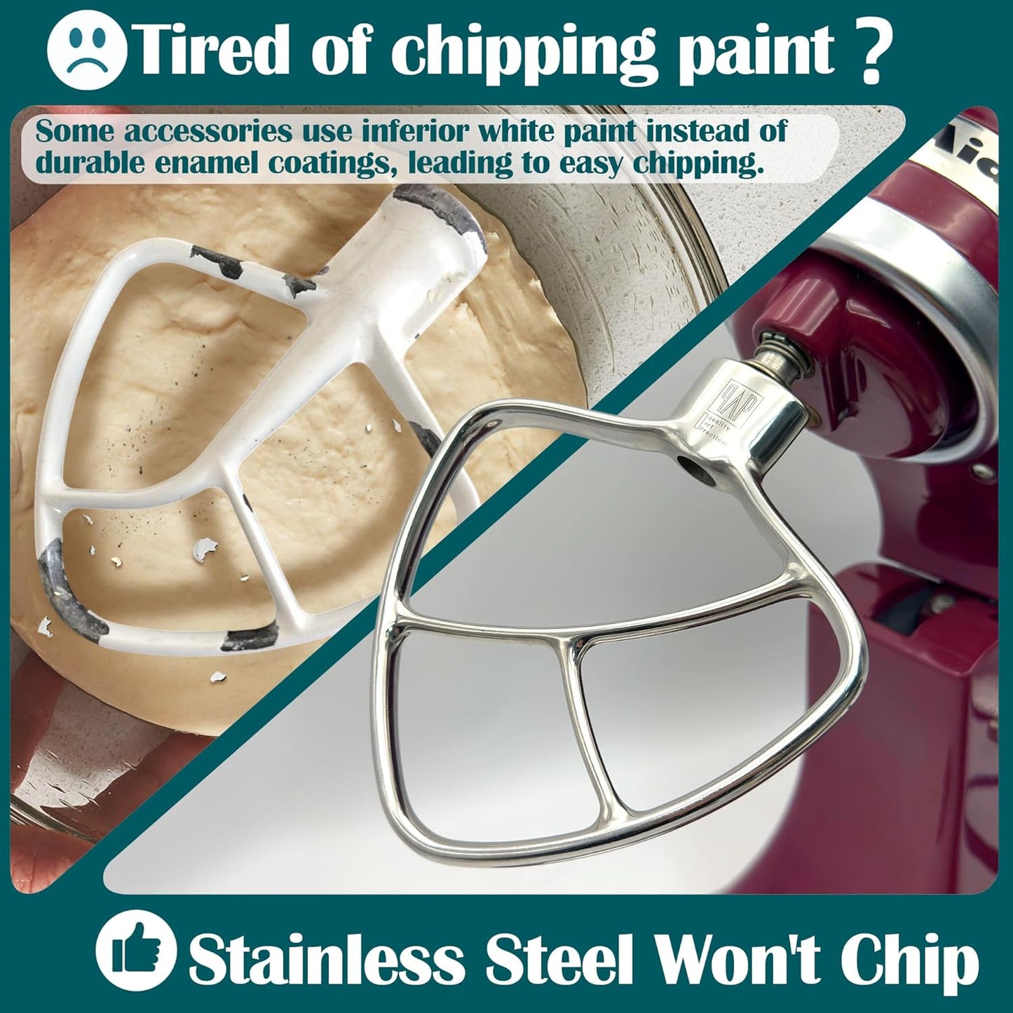 Stainless Steel Paddle，Flat Beater - Accessories and Attachments for KitchenAid Mixers, Fit 4.5-5 QT Mixing Bowl