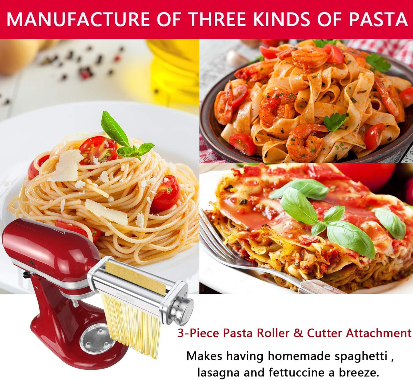 Pasta Attachment for KitchenAid Stand Mixer, 3 Piece Pasta Making Kit Including Pasta Roller, Cutter for Authentic Spaghetti and Fettuccine Sheets, Durable Noodle Accessories by Cofun