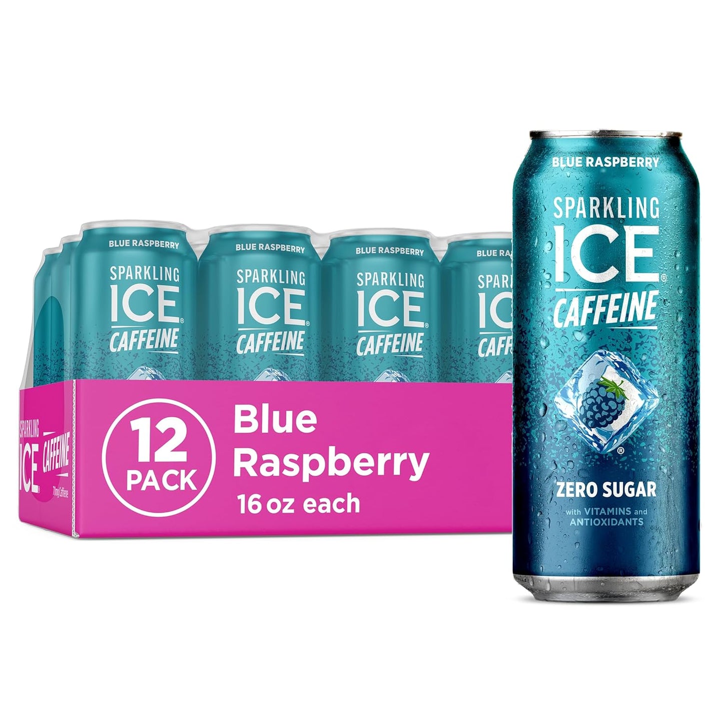 Sparkling Ice Caffeine Blue Raspberry Sparkling Water with Caffeine, Zero Sugar, with Antioxidants and Vitamins,16 fl oz Cans (Pack Of 12)