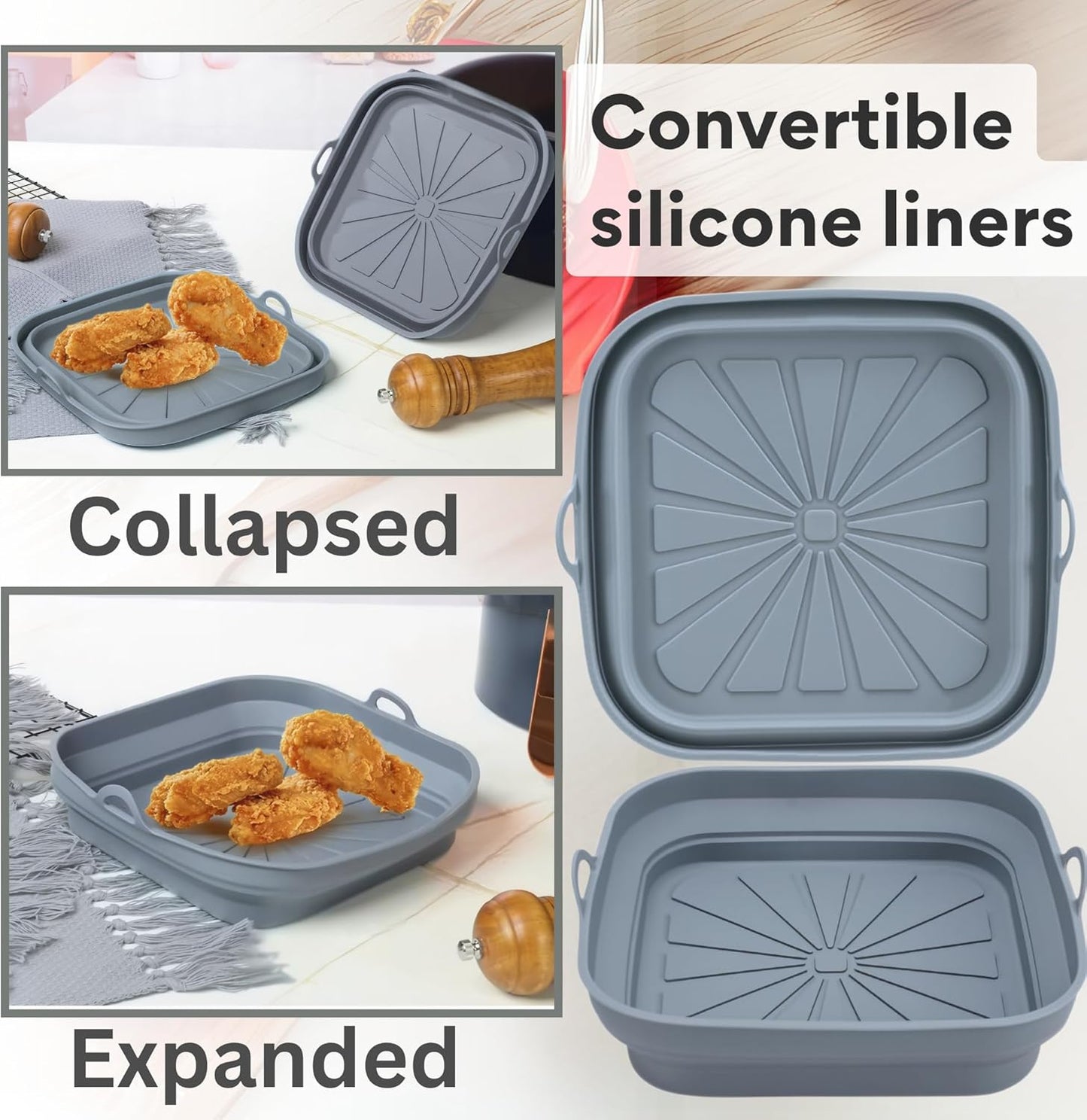 SAMIA 4PCs Reusable Silicone Air Fryer Liners Set - 8'' Collapsible Air fryer Liners with Cooking Tong & Basting Brush - BPA Free, Non-Stick, Food Safe Silicone Air Fryer Accessories