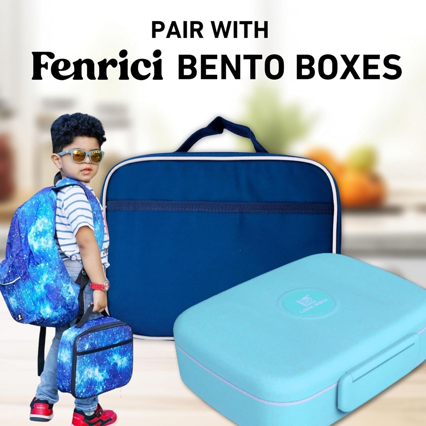 Fenrici Blue Lunch Box for Boys, Girls, Kids Insulated Lunch Bag for School, Soft Sided Compartments, Spacious, BPA Free, Food Safe,10.8in x 8.5in x 2.8in, Navy Blue