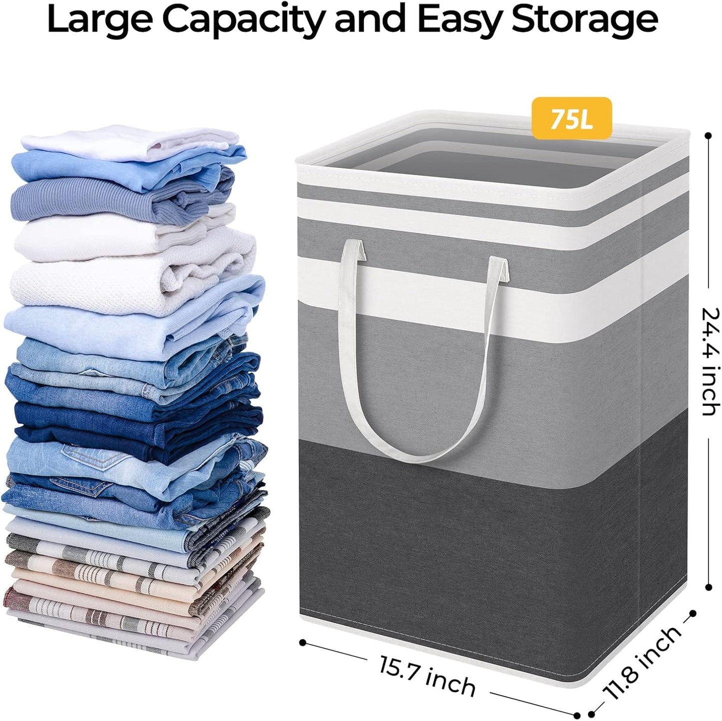 HomeHacks 2 Pack Large Laundry Baskets, Waterproof, Freestanding Laundry Hampers, Collapsible Clothes Hamper with Reinforced Handles in Laundry, College Dorm, Bathroom, Bedroom (Grey+Blue, 75Lx2)