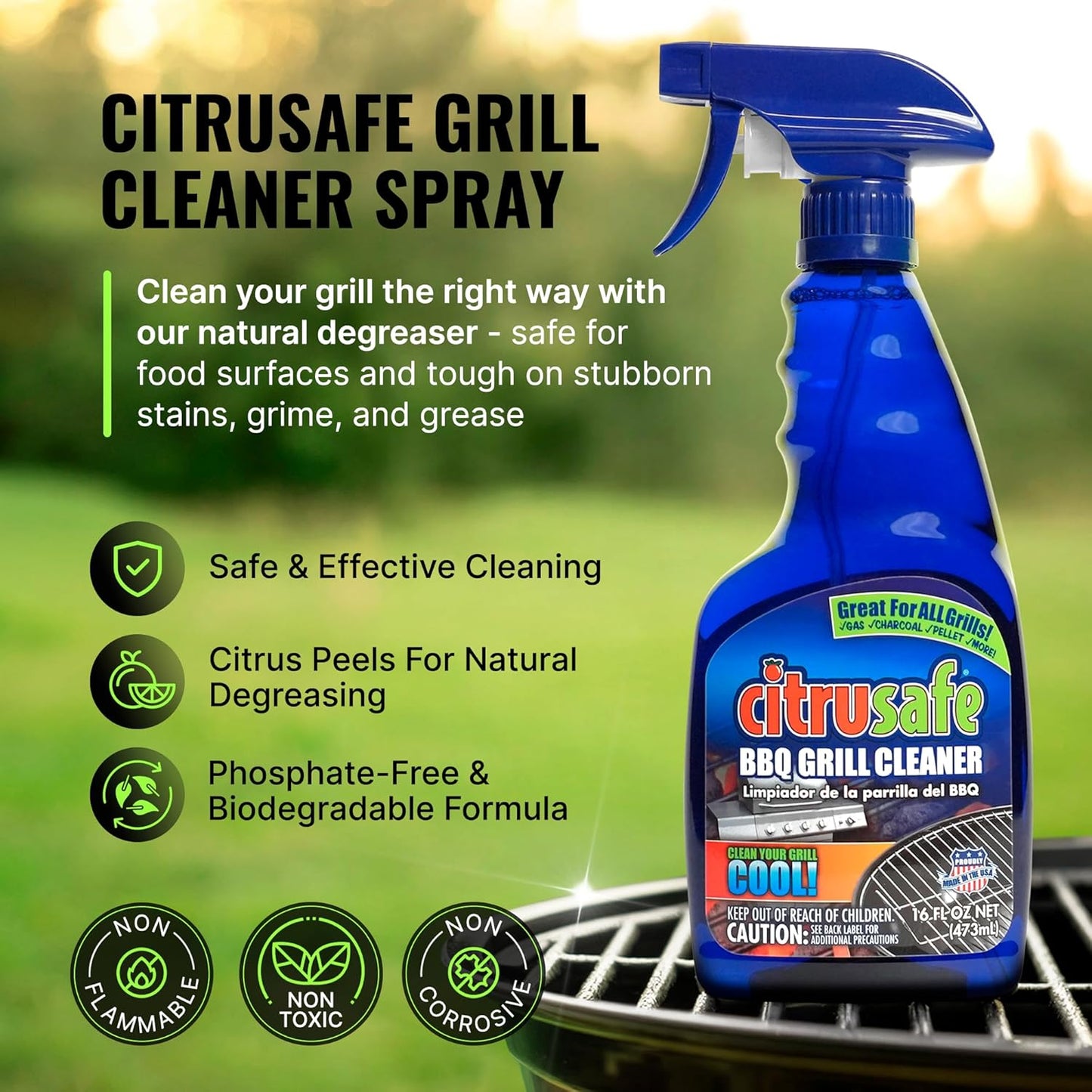 Citrusafe BBQ Grill Cleaner Spray for Outdoor Grill 16 OZ – Safe Heavy Duty Cleaner for Burnt Food & Grease – Degreases & Cleans Grates, Racks, Pellet, Ovens, Flat Top Grills, and Electric Smokers