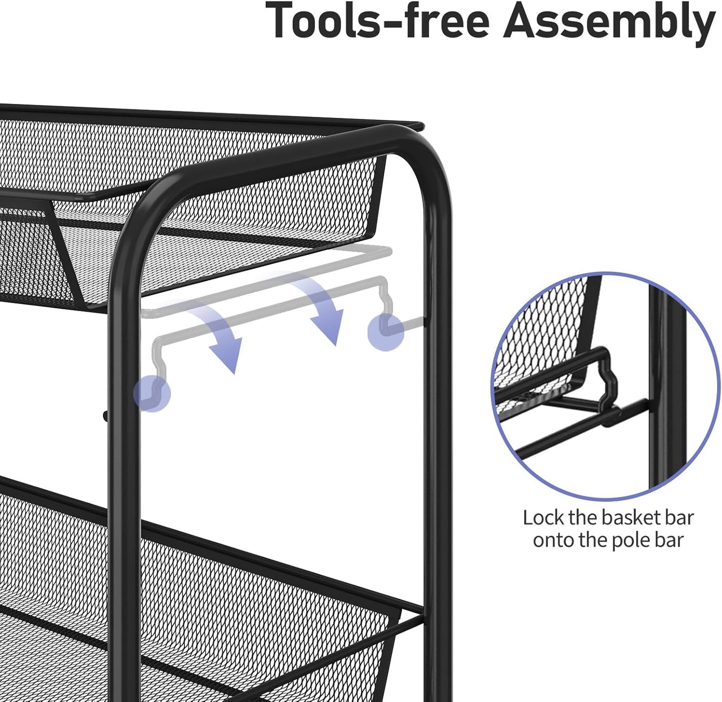 TOOLF 4-Tier Rolling Cart, Metal Utility Cart with 3 Hooks, Easy Assemble Mobile Storage Trolley On Wheels, Metal Shelving Units Kitchen Bathroom Laundry Room