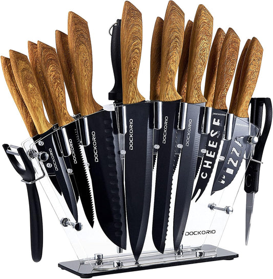 Kitchen Knife Set with Block, all in one 19 PCS High Carbon Stainless Steel Sharp Serrated Steak Knives Set, Chef Knives, Bread Knife, Scissor, Sharpener
