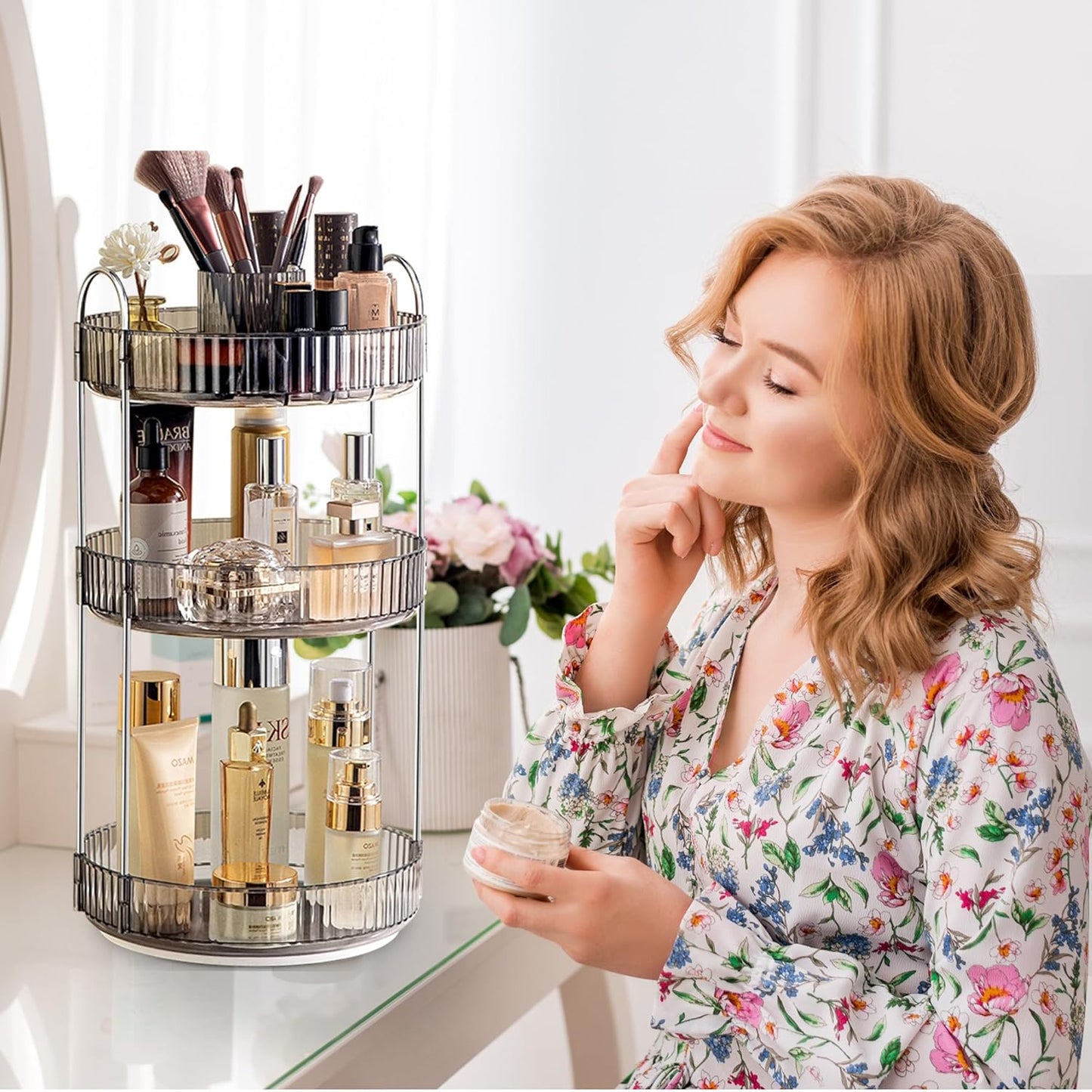 Aveniee 360° Rotating Makeup Organizer for Vanity, Upagraded Perfume Skincare Bathroom Counter Organizers with Brush Divider, 3 Tier Spinning Lipstick Cosmetic Lotion Storage,Grey