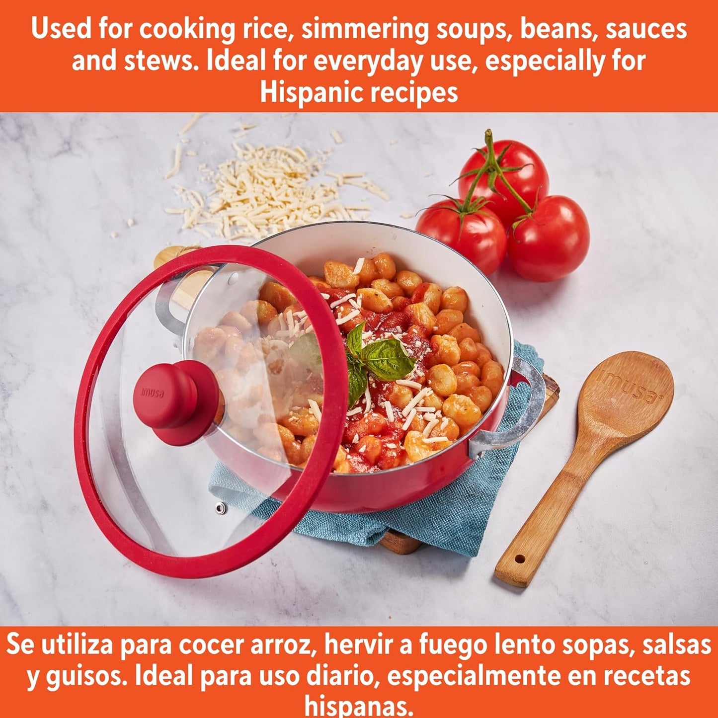 IMUSA 6.9qt Aluminum White Ceramic Caldero with Glass Lid & Silicone Rim, Red