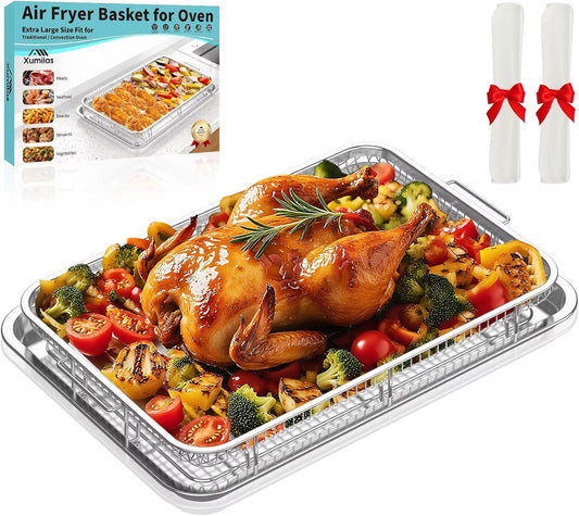 Extra Large Air Fryer Basket for Oven, 18.7"x12.8" Stainless Steel Baking Pan & Crisper Tray, Fits Whole Chicken, Commercial-Grade Oven Air Fryer with 30 Parchment Papers, Dishwasher Safe