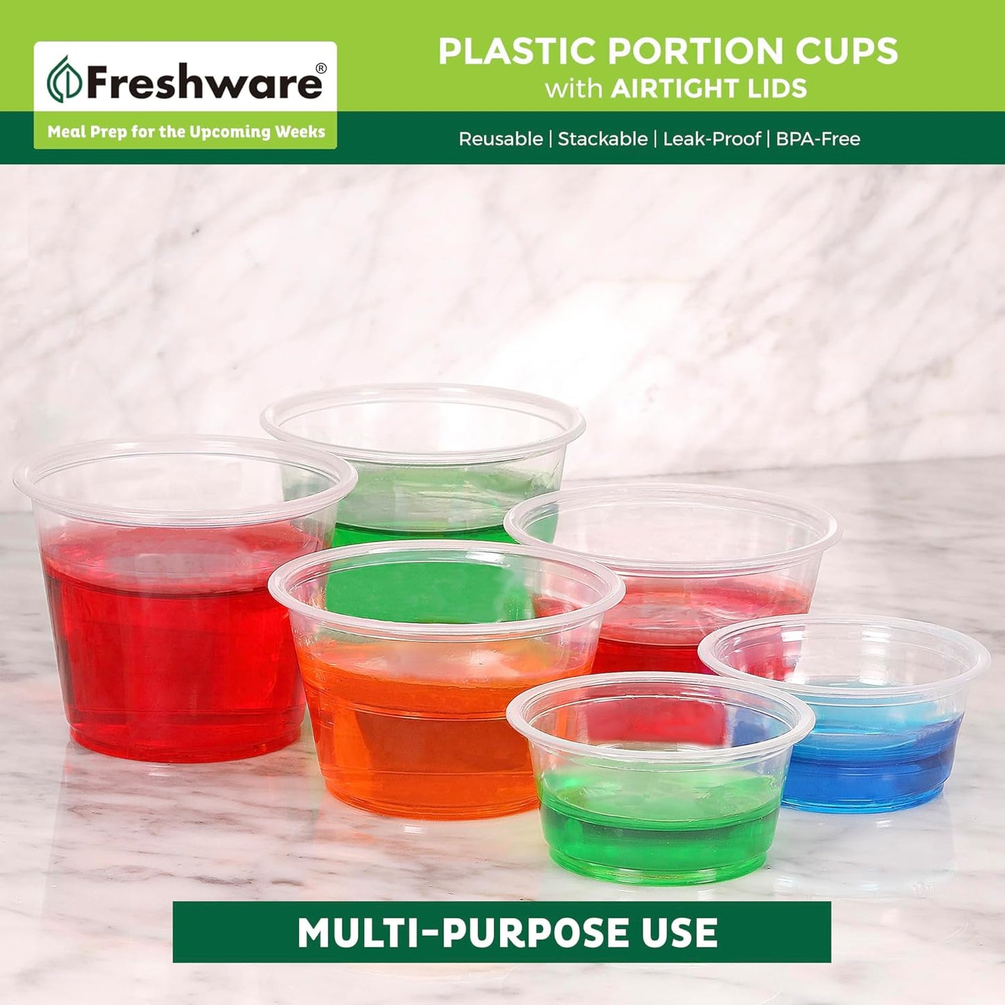 Freshware Plastic Portion Cups with Lids [2 Ounce, 200 Sets] Disposable Plastic Cups for Meal Prep, Salad Dressing, Jellos Shot Cups, Souffle Cups, Condiment and Dipping Sauce Cups